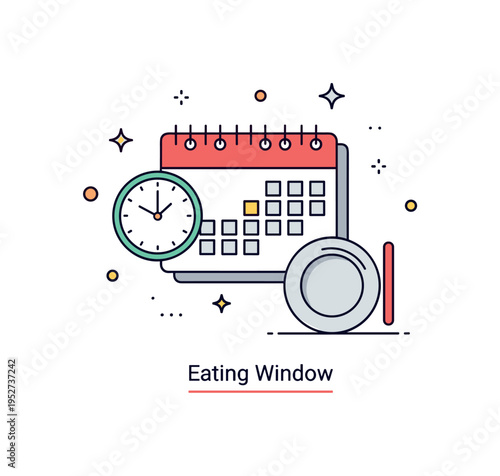 Intermittent fasting schedule planning scene with a compact calendar page combined with a clock and a small plate icon, expressing organization and structured