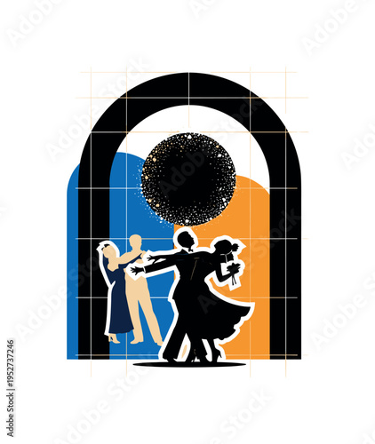 A monochrome ballroom archway framing a dancing silhouette, bold circular halo above suggesting glittering lights, thin grid lines adding editorial structure,