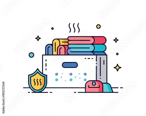 Fabric storage care concept featuring a breathable box with small ventilation dots and neatly layered scarves inside. The scene conveys maintenance, fabric