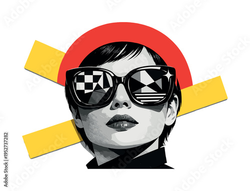 Close-up black and white portrait with oversized retro sunglasses reflecting abstract geometric shapes, bold red semicircle framing the upper face, flat yellow