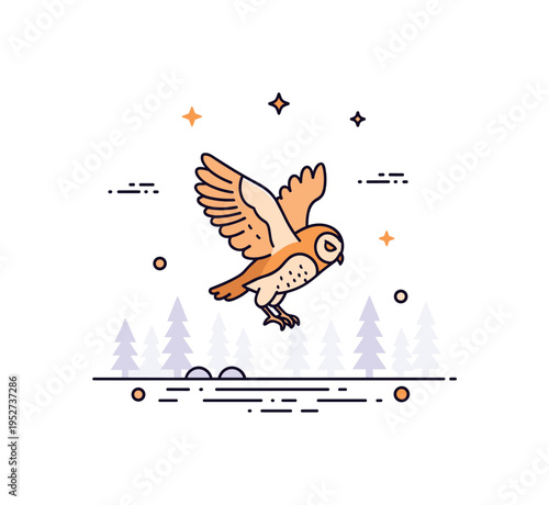 Forest owl glide illustrated by a bird in motion above subtle tree line shapes, suggesting depth and nighttime habitat. A clean badge style concept about