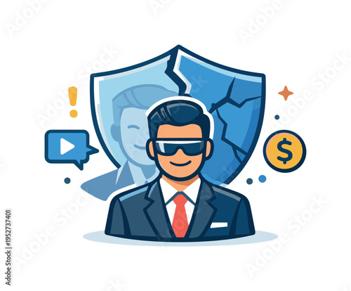 Deepfake CEO fraud corporate trust breakdown illustrated by a cracked shield symbol behind a CEO avatar, expressing weakened security and shaken confidence. A