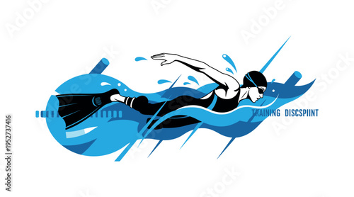 Black and white swimmer with adaptive fins emerging from water, stylized blue geometric waves formed by curved semicircles, sharp linear elements referencing