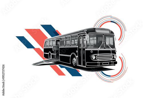 Black and white bus front view with a deployable ramp extending outward, dynamic diagonal lines and circular motion shapes suggesting movement and inclusion,