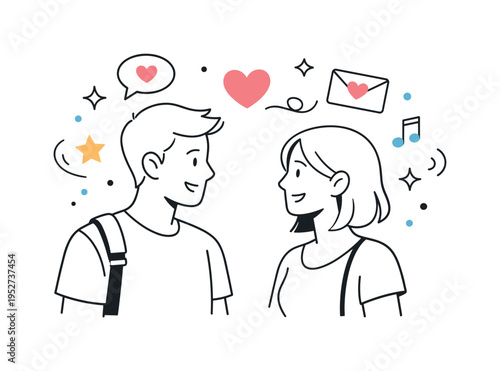 Love narrative beginning. Two characters meeting and smiling warmly, suggesting the start of a romantic story. The mood is hopeful and light, with abstract