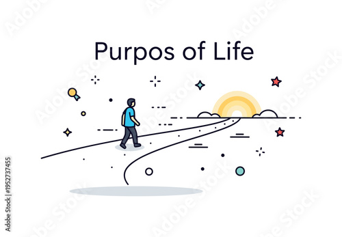 Purpose of life personal journey concept featuring a small human silhouette walking along a curved path toward a glowing horizon circle, expressing meaning,