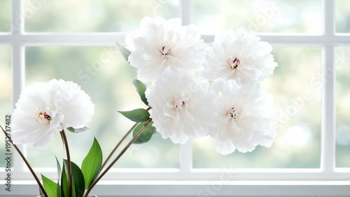 White flowers sit in a vase near a window where natural light streams in during the morning, creating a bright atmosphere
