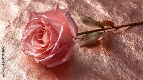 Pink rose placed on shiny surface during bright lighting conditions