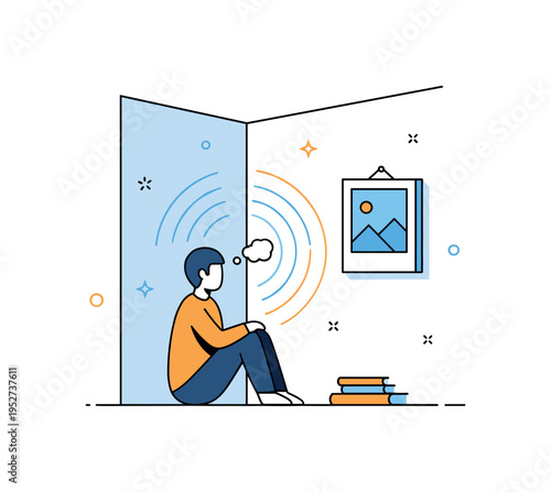 Mindful remembrance quiet interior corner with a seated figure and a single framed photograph radiating soft circular lines of thought. A calm editorial