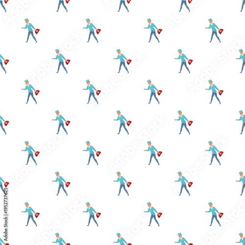 Cartoon doctor characters in blue scrubs carrying first aid bags creating a seamless pattern