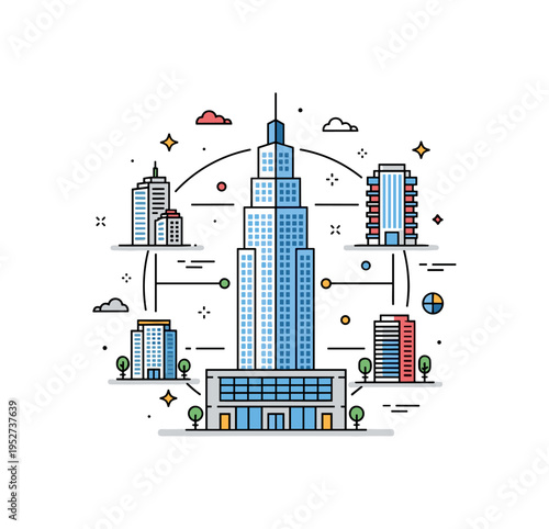 Corporate headquarters and regional offices shown as one prominent central skyscraper connected by thin lines to smaller buildings around a circular layout,