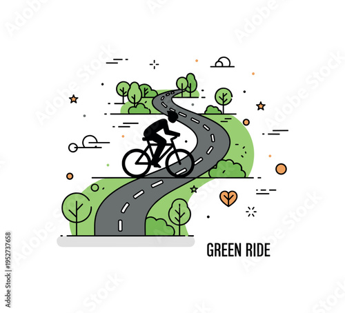 Community cycling route scene centered on a winding bike lane through park greenery with a cyclist silhouette riding along, expressing leisure, health, and