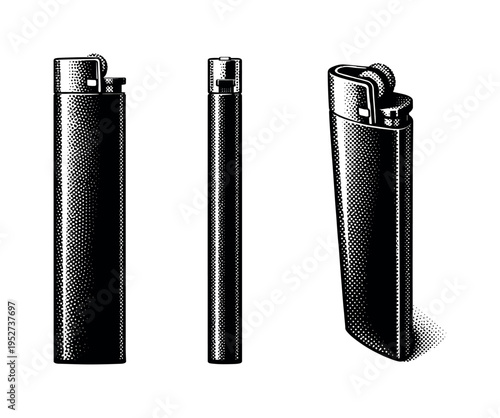 Slim lighter represented as a narrow elongated lighter with a minimalist form and refined metal accents, shown as a single object. Black and white dot style