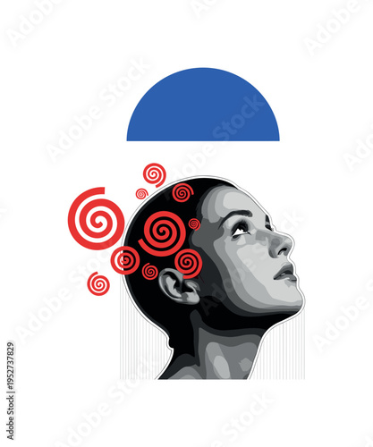 Realistic monochrome person staring at ceiling in darkness with a blue semicircle above and red spiral shapes floating around the head, thin vertical lines