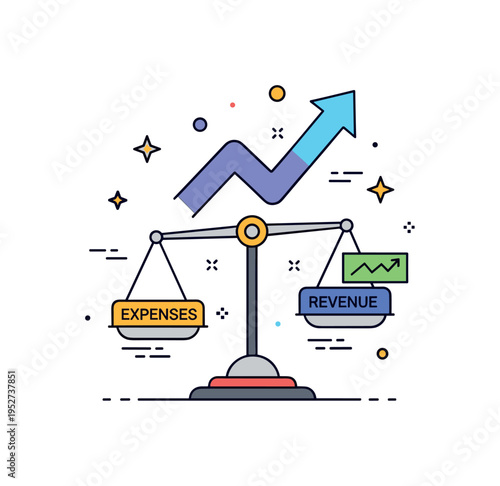 Improving profit margin upward arrow rising from a balanced scale holding expenses on one side and revenue on the other, symbolizing strategic cost control and