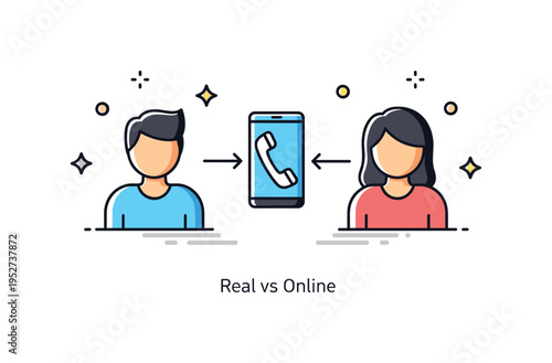 Balancing online and offline relationships illustrated by two simplified human figures separated by a phone icon placed between them, representing both