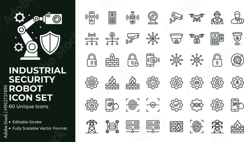 Industrial security robot line icon set with surveillance automation sensors and smart facility protection technology symbols