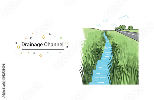 Ditch along a rural roadside filled with tall grass and a narrow stream of water flowing gently through it. A subtle ?Drainage Channel? caption and small
