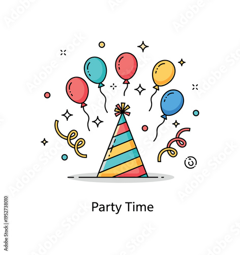 Birthday party hats balloons and streamers festive celebration scene illustrated by a colorful cone party hat surrounded by floating balloons and curling