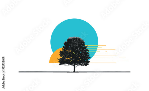 Black and white lone tree centered in open field, bold turquoise circular halo behind the canopy, golden yellow semicircle near the base suggesting warm light,