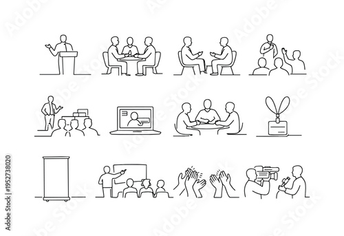Startup Conference Activities. Minimalistic set one-line drawing keynote speaker, investor meeting table, founders discussion, Q&A session, demo day stage,