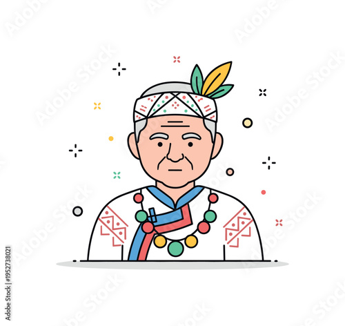 Traditional attire portrait elder figure wearing simplified cultural accessories with delicate pattern details around the shoulders. A respectful visual