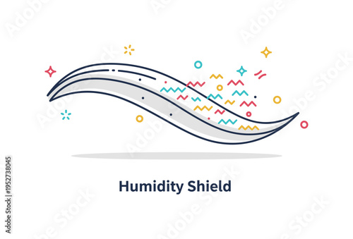 Anti frizz hair treatment visualized by a smooth flowing strand contrasted with tiny zigzag lines fading away. A compact ?Humidity Shield? caption emphasizes
