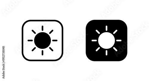 Sun, sunshine icon in black square. Brightness light symbol