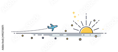Bright horizon travel inspiration theme showing a small airplane silhouette flying toward a radiant horizon line, symbolizing adventure, exploration and