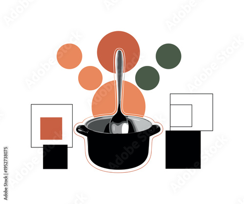 A monochrome rustic spoon resting inside a stew pot, bold circular shapes positioned like rising warmth behind it, abstract geometric blocks providing contrast