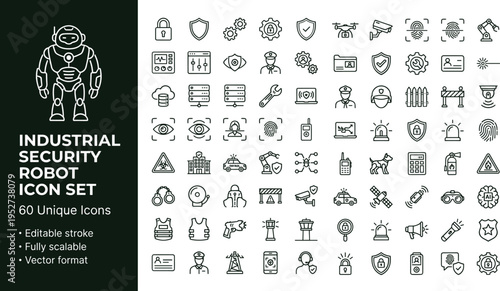 Industrial security robot line icon set with surveillance monitoring automation sensors and smart safety technology symbols