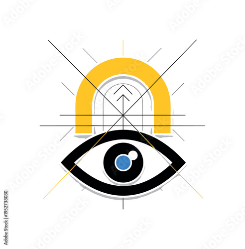 Black and white eye with a small bright blue circle inside the pupil symbolizing vision for the future, bold yellow abstract arch above like a rising arc, thin