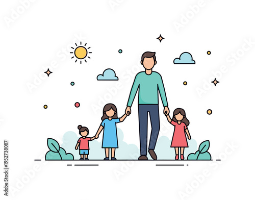Family walk holding hands in a simple outdoor setting expressing unity, safety, and shared experiences. A small sun icon and subtle leaf accents reinforce