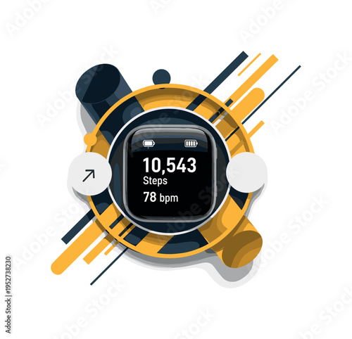 High-contrast monochrome fitness tracker screen displaying step count and heart rate, vintage grain feel, surrounded by circular frames and cylindrical shapes