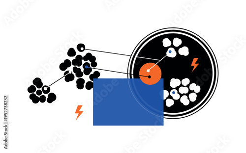 Black and white petri dish viewed from above with microbe colonies simplified into graphic spots, bold blue block grounding lower composition, orange circular