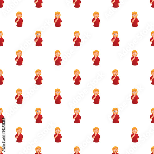 Woman making a shush gesture, depicting silence and secrecy in a repeating pattern