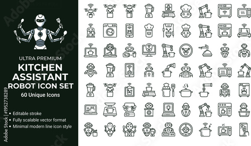 Kitchen Assistant Robot Line Icon Set Featuring Smart Cooking Appliances Artificial Intelligence Automation And Domestic Technology