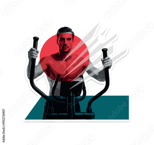 Realistic black and white athlete gripping elliptical handles tightly, oversized crimson circle intersecting the upper torso, deep teal geometric