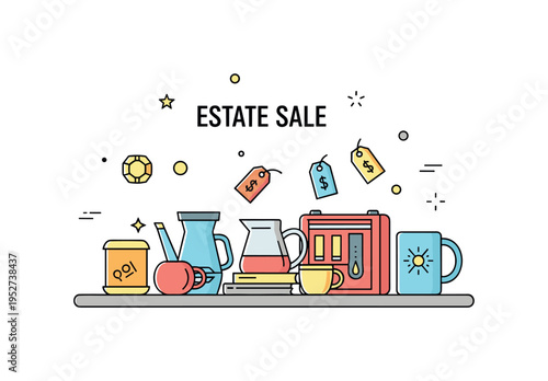 Estate sale moment simplified outdoor table with assorted vintage items and small price tags, expressing opportunity and the thrill of uncovering hidden gems.