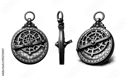 Antique astrolabe astronomical scientific instrument showing a detailed brass astrolabe with rotating rete, engraved plate, and suspension ring presented in