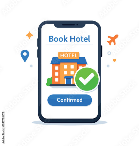 Hotel booking app centered on a smartphone screen with a hotel building icon and a confirmed checkmark, expressing easy reservations and confidence in travel