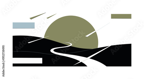 monochrome winding path curving through rolling hills, layered paper collage effect, large muted olive semicircle behind hills, subtle diagonal line accents