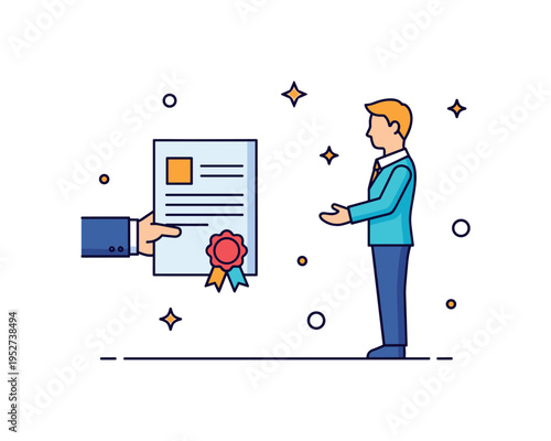 Inheritance and succession theme showing a document with a seal being passed to a poised figure. Balanced composition and minimal decorative dots communicate