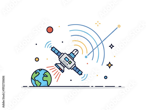 Planetary probe sending data back to Earth, with glowing signal lines traveling across space, symbolizing discovery, science, and interplanetary communication.