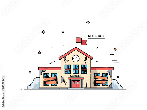 Dilapidated school building with cracked walls and boarded windows standing as a quiet symbol of neglect and forgotten education spaces. A tilted flagpole and