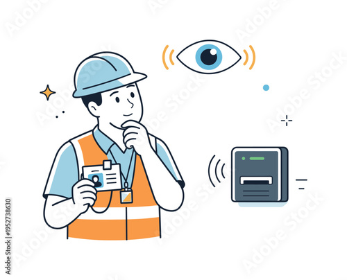Badge swipe behavioral monitoring. Worker pausing before swiping a badge, thoughtful moment of awareness. Abstract eye or signal icons gently suggest