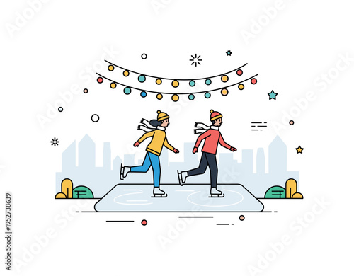 Ice skating city break small frozen rink with two skaters gliding beneath subtle festive lights, expressing joyful seasonal recreation during travel.