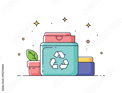 Sustainable skincare packaging reusable cosmetic container with a recycling symbol and small leaf detail. A modern editorial illustration about eco conscious