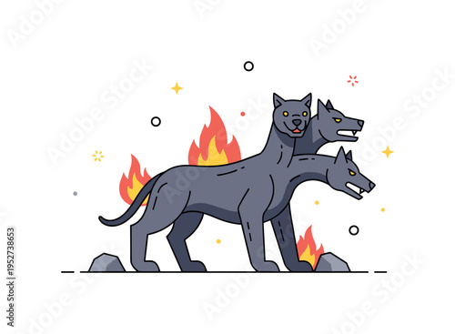Cerberus underworld mythology concept featuring a triple headed dog with subtle flame shapes and minimal rocky base accents. The compact editorial design