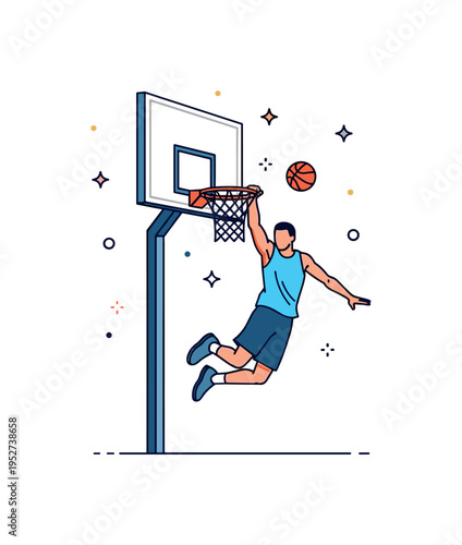 Street basketball slam dunk highlight featuring a bold figure mid air gripping the rim with subtle spark accents around the hoop. The scene captures triumph,